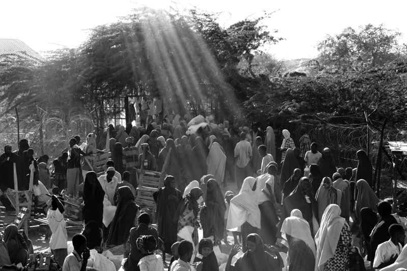 A WFP food distribution center at Dagahaley Camp, one of three camps within Dadaab. {quote}Despite increased attention in recent weeks, current humanitarian response remains inadequate, due in part to ongoing access restrictions and difficulties in scaling up emergency assistance programmes, as well as funding gaps,{quote} the UN's Food Security and Nutrition Analysis Unit said.