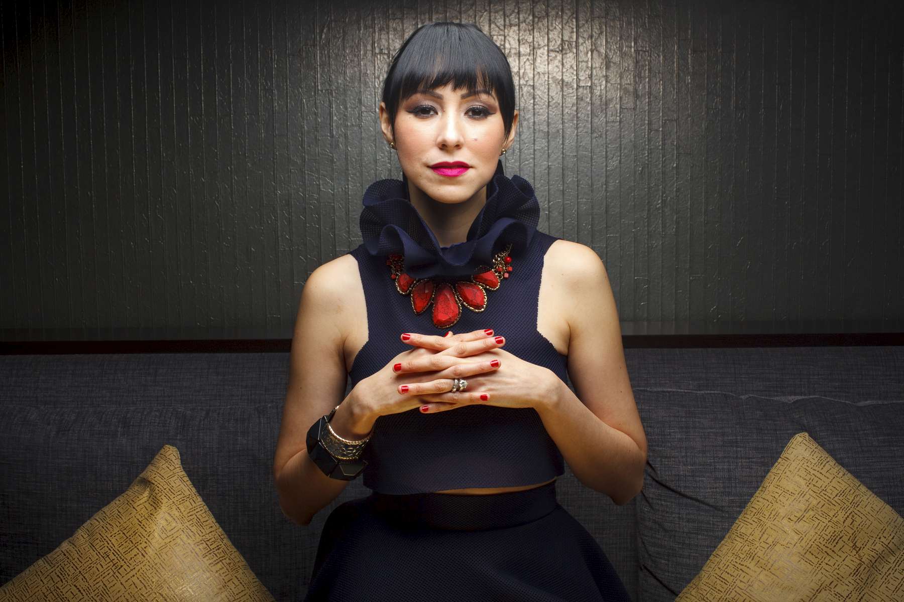 03/25/2015 - Boston, MA - Boston Marriott Long Wharf Hotel - Midnight Lounge - This is fashion designer Graciela Riveras wearing her own designs at the Boston Marriott Long Wharf Hotel's Midnight Lounge, cq, on Wednesday, March 25 2015. Topic: 041215moststylish.  Photo by Dina Rudick/Globe Staff.