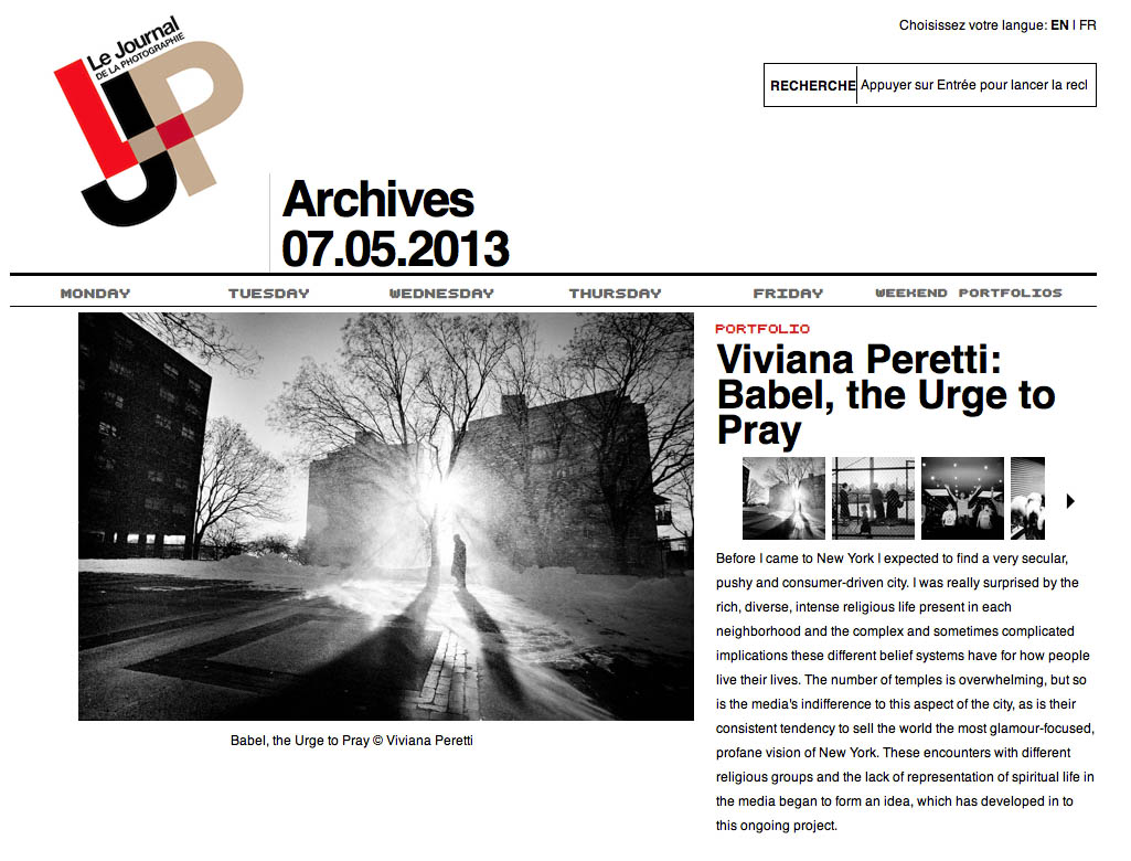 My four-years long project Babel, the Urge to Pray about religious communities in New York, featured in Le Journal de la Photographie, France.