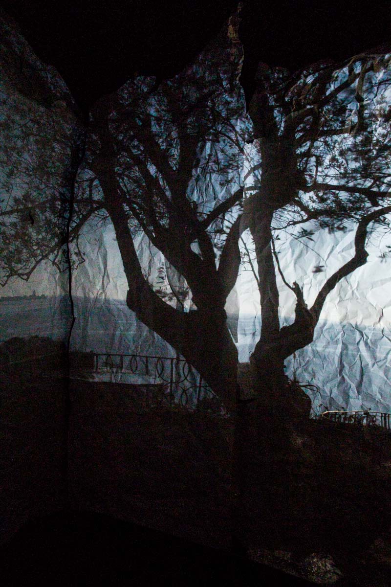 Nostalgia in blue The Mediterranean seascape reflected on some sheets of paper hanging down in a camera obscura I have built at the Bogliasco Foundation in Italy. Bogliasco, Italy, April 2017.