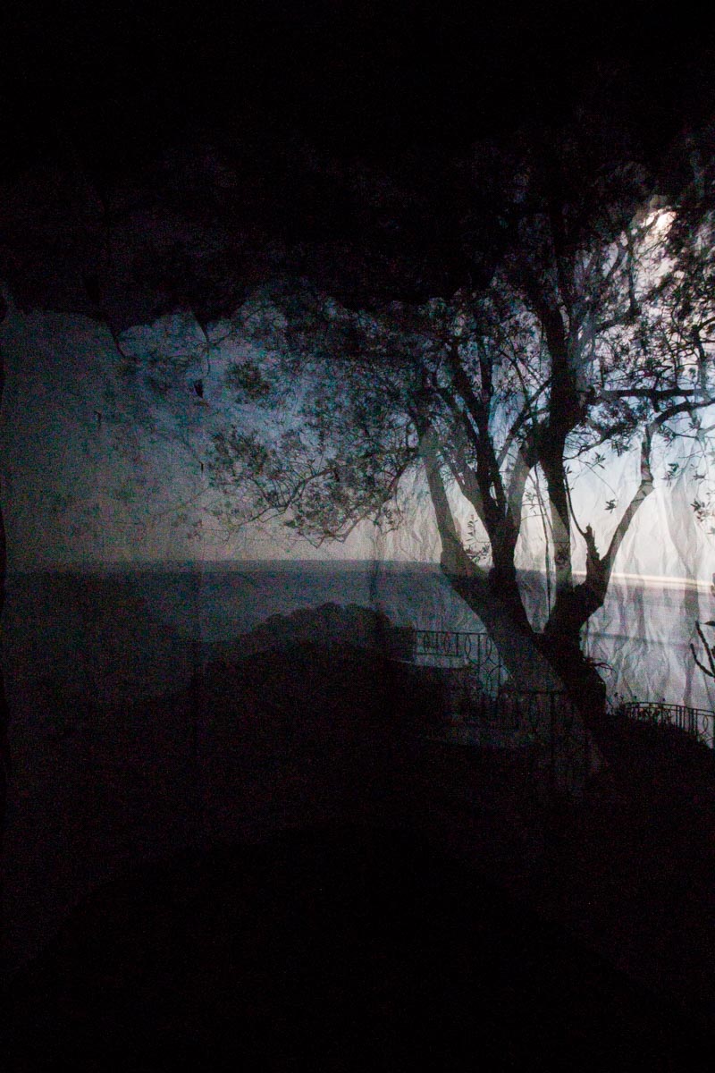 Nostalgia in blue The Mediterranean seascape reflected on some sheets of paper hanging down in a camera obscura I built in a summer chalet at the bottom of a garden at the Bogliasco Foundation in Italy. Bogliasco, Italy, April 2017.